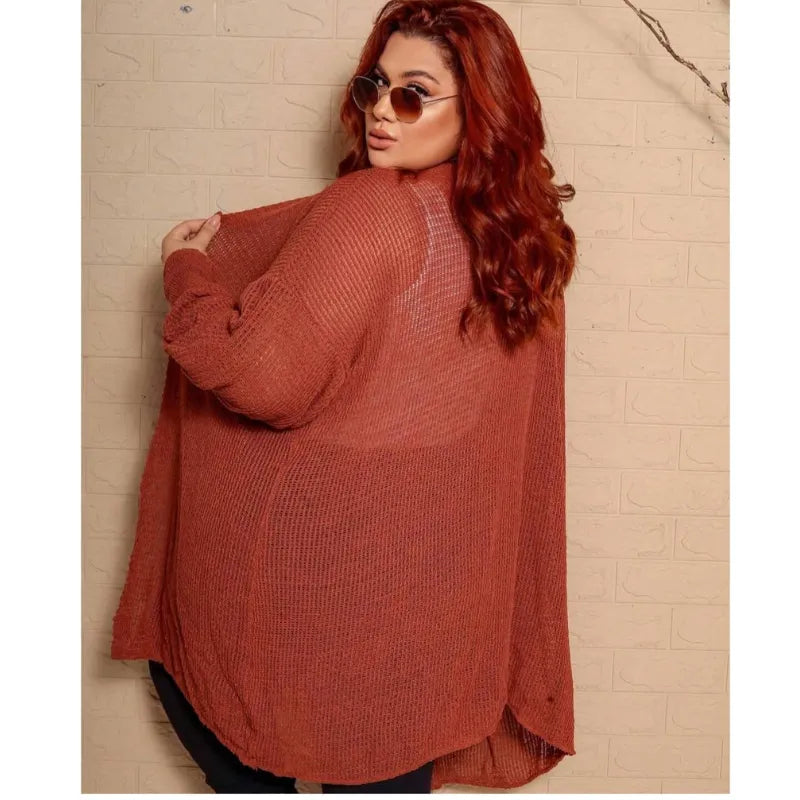 Kimono cardigan feminino plus size em tricô coral.