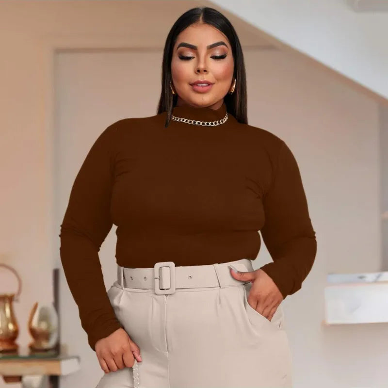 Blusa cacharrel feminina plus size marrom com manga longa e gola alta segunda pele.