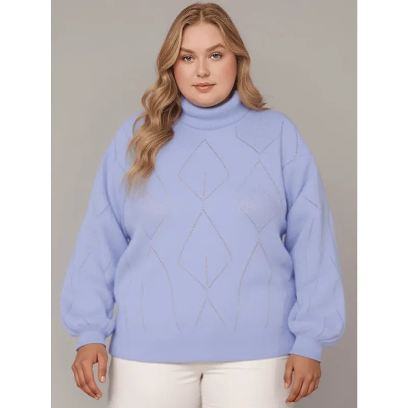 Blusa tricô feminina plus size lilás com gola alta e manga bufante.