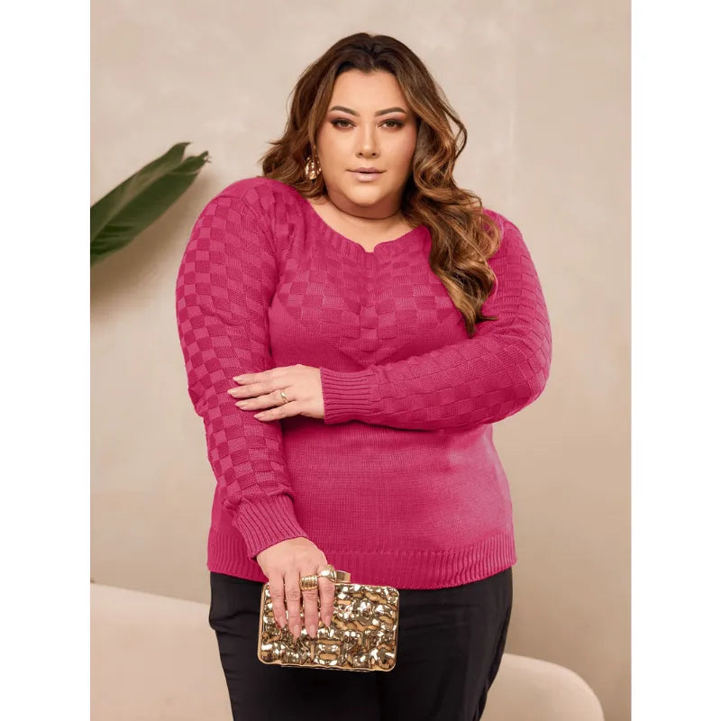 Blusa de tricô plus size pink com manga raglan feminina.