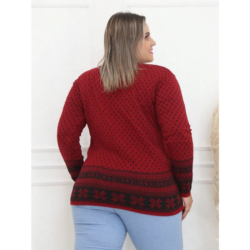 Suéter plus size vermelho com botões, decote V e manga longa.
