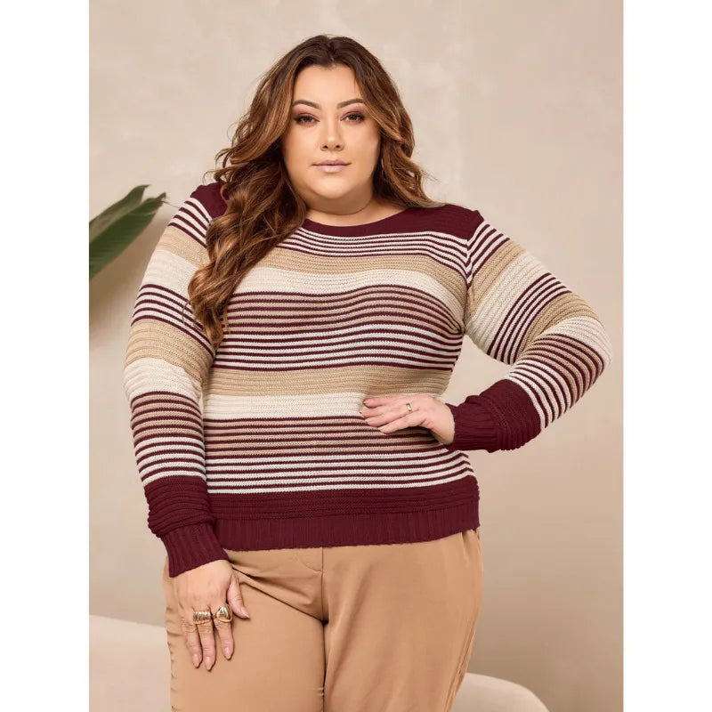 Blusa de tricô plus size marsala com manga raglan.