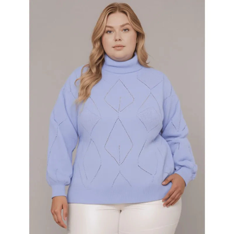 Blusa tricô feminina plus size lilás com gola alta e manga bufante.