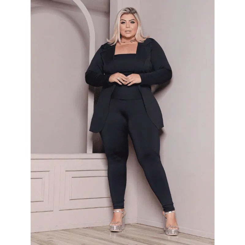 Blazer plus size verde militar feminino casual com manga longa.