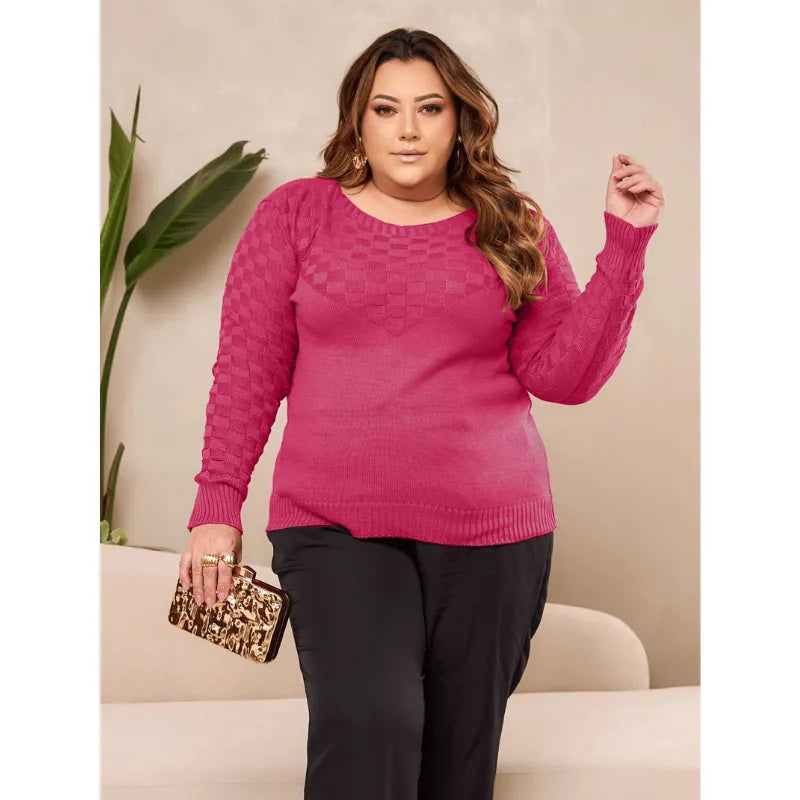 Blusa de tricô plus size pink com manga raglan feminina.
