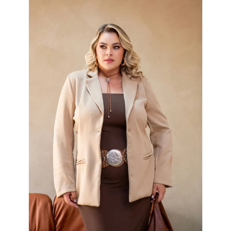 Blazer alfaiataria plus size champanhe elegante oversized feminino.