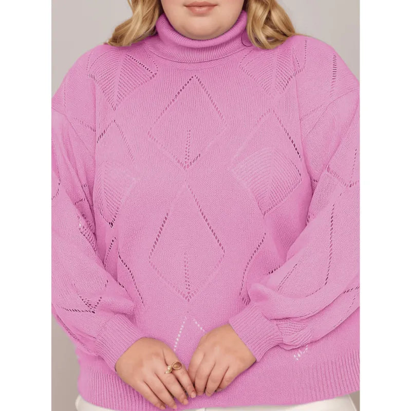 Blusa tricô feminina plus size lilás com gola alta e manga bufante.