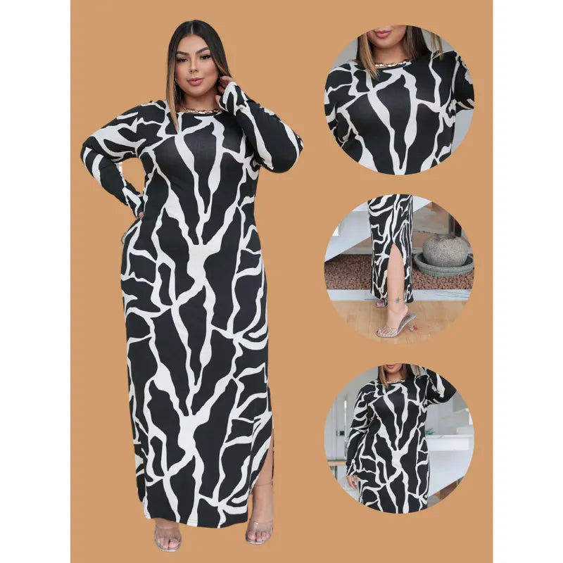 Vestido longo plus size estampado de inverno com manga longa e gola redonda.