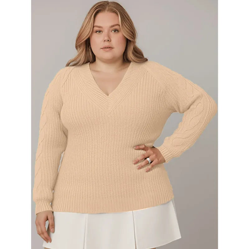 Blusa suéter plus size feminina verde militar em tricô com gola V e manga longa.