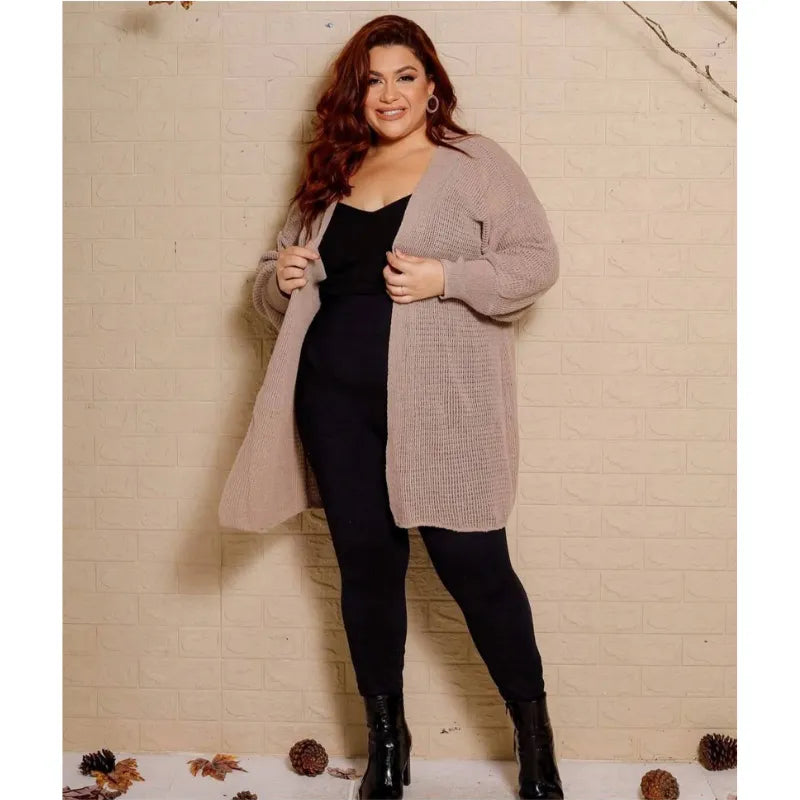 Kimono cardigan feminino plus size em tricô coral.