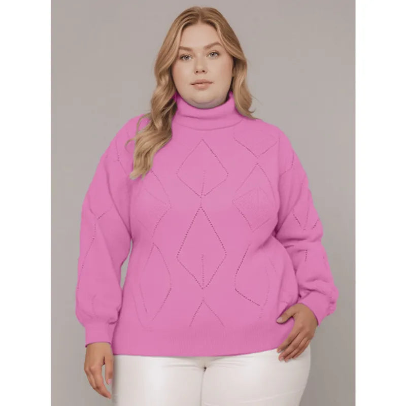 Blusa tricô feminina plus size lilás com gola alta e manga bufante.