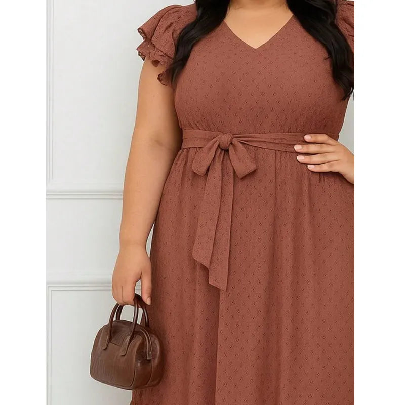 Vestido max midi plus size verde oliva em malha laise com cinto feminino.
