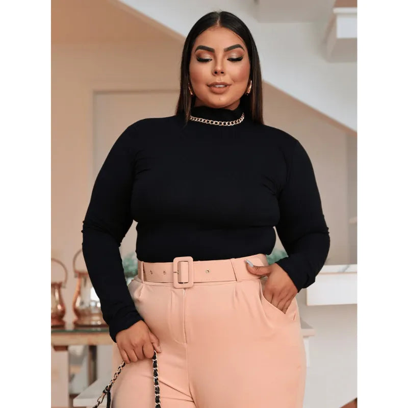 Blusa cacharrel feminina plus size marrom com manga longa e gola alta segunda pele.