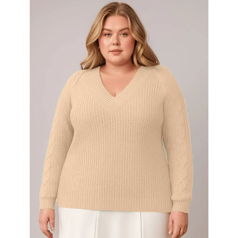Blusa suéter plus size feminina verde militar em tricô com gola V e manga longa.