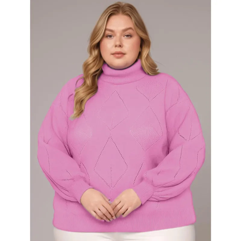 Blusa tricô feminina plus size lilás com gola alta e manga bufante.