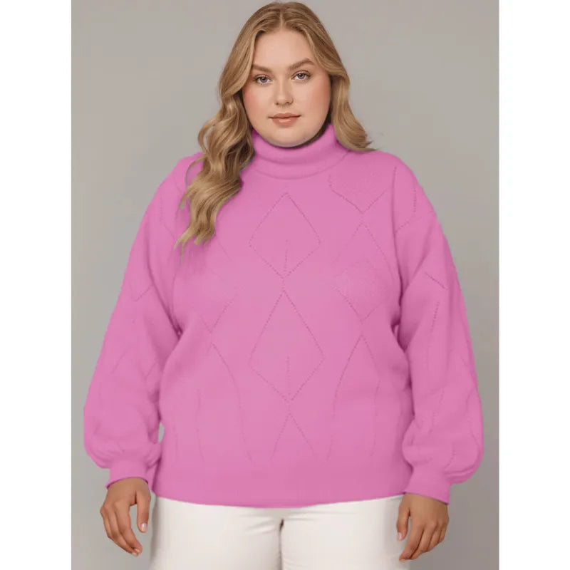 Blusa tricô feminina plus size lilás com gola alta e manga bufante.