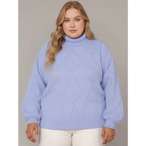 Blusa tricô feminina plus size lilás com gola alta e manga bufante.