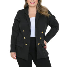 Blazer feminino plus size preto de alfaiataria com botão.