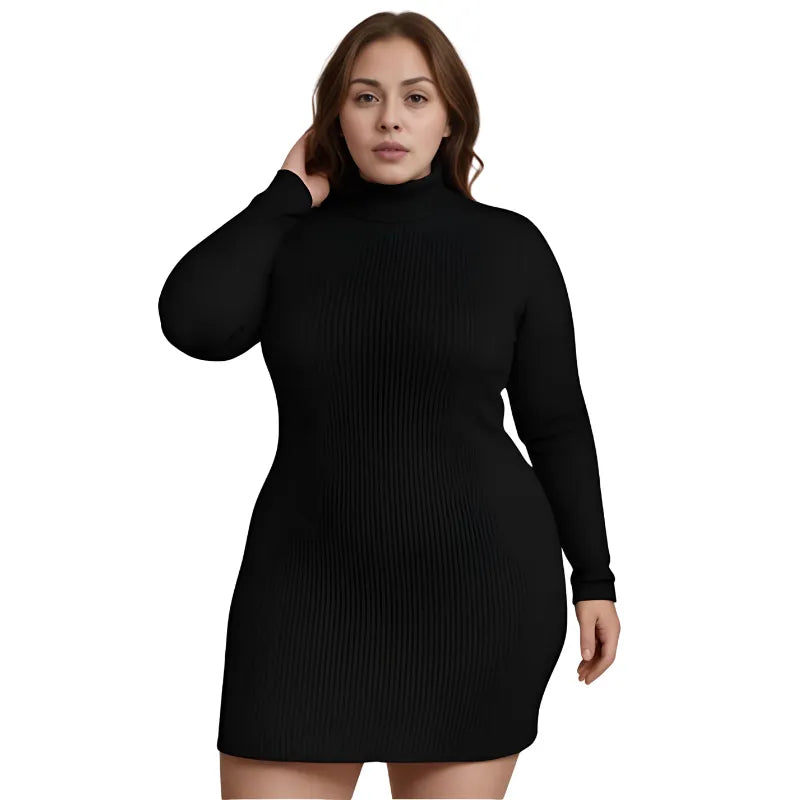 Vestido cacharrel plus size com gola alta e manga longa slim fit.

