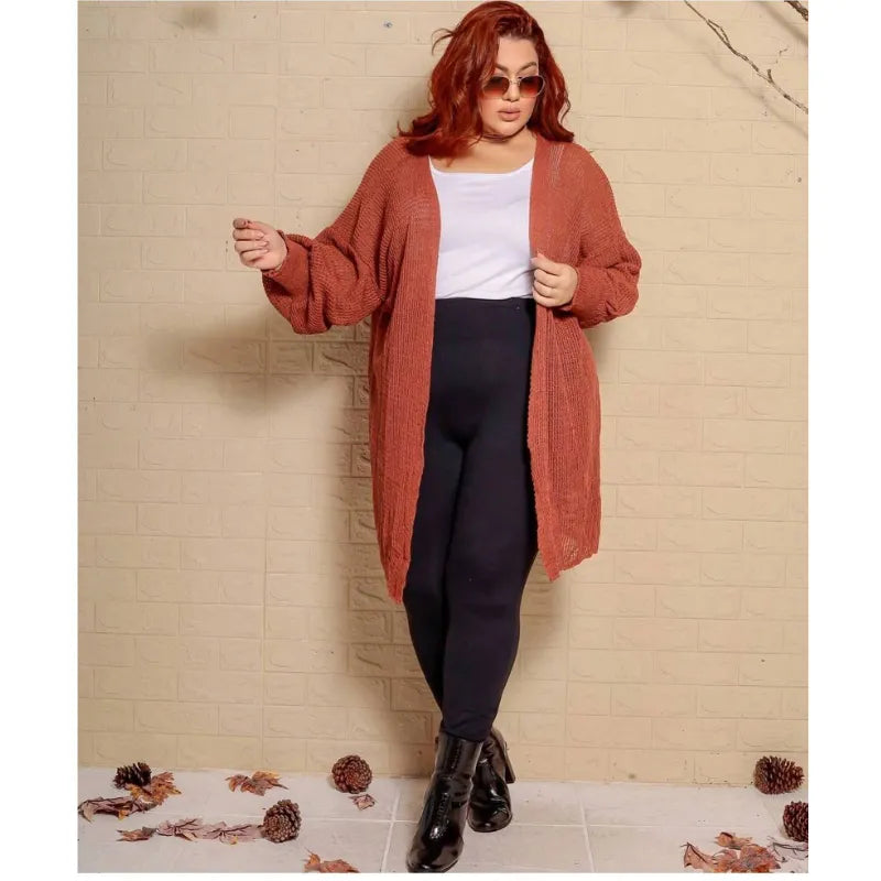 Kimono cardigan feminino plus size em tricô coral.