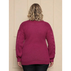 Casaco suéter plus size feminino roxo com botão trançado oversized.