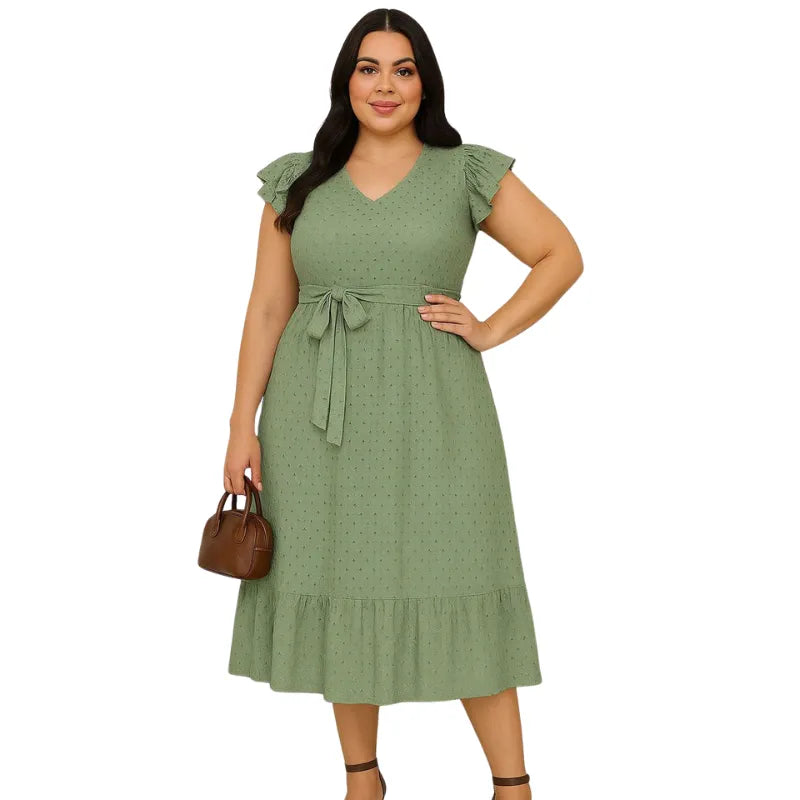 Vestido max midi plus size verde oliva em malha laise com cinto feminino.