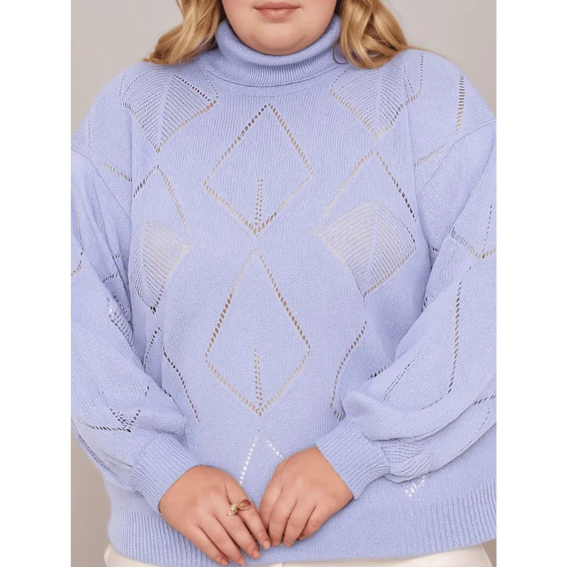 Blusa tricô feminina plus size lilás com gola alta e manga bufante.