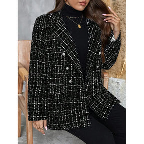 Blazer Tweed Xadrez Plus Size Feminino Preto e Branco de Inverno