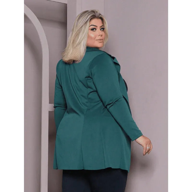 Blazer plus size verde militar feminino casual com manga longa.