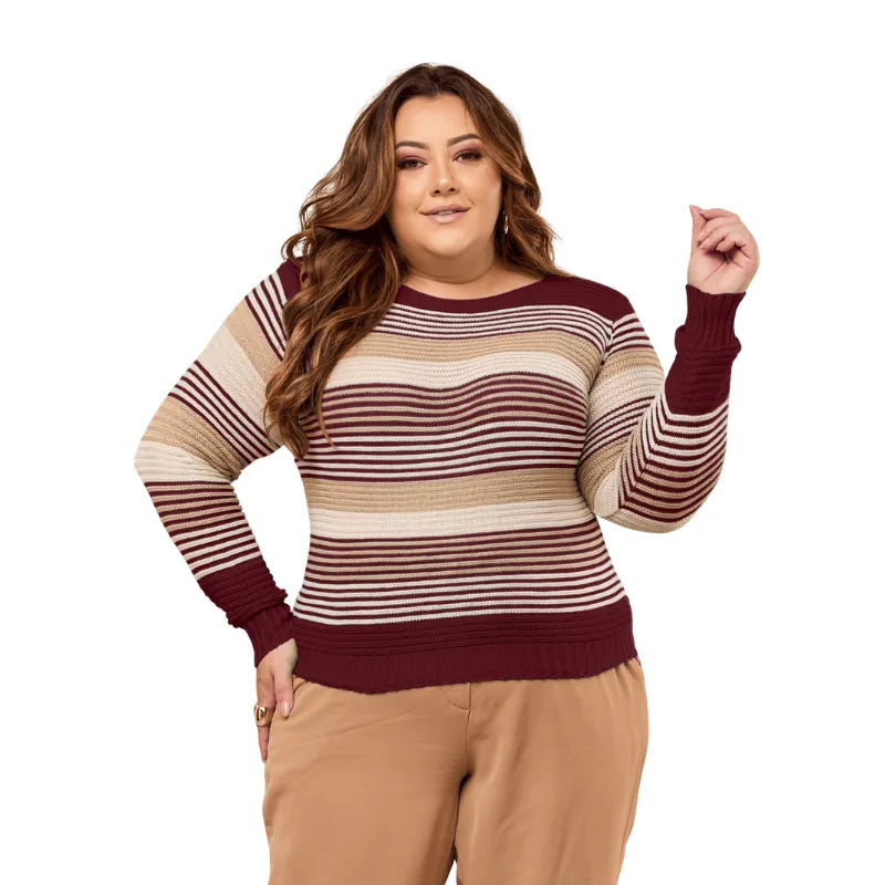 Blusa de tricô plus size marsala com manga raglan.