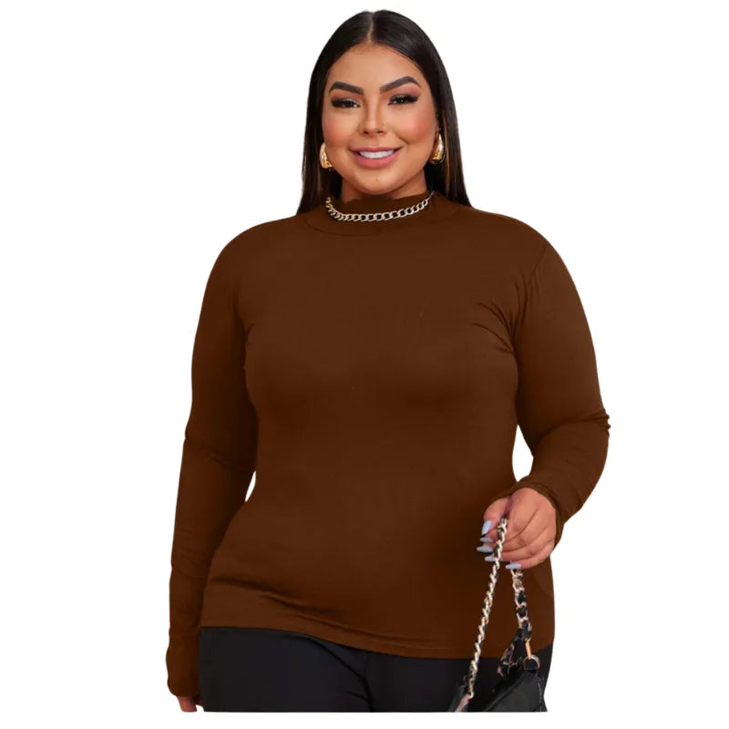Blusa cacharrel feminina plus size marrom com manga longa e gola alta segunda pele.
