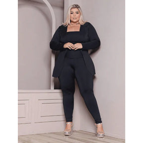Blazer plus size verde militar feminino casual com manga longa.