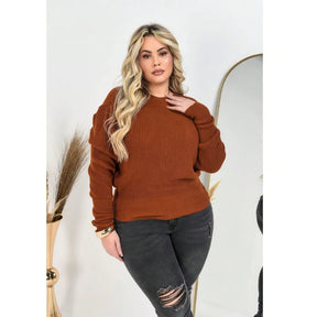 Blusa suéter tricô plus size ferrugem com manga bufante princesa e gola redonda.
