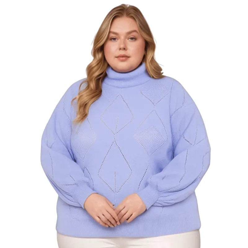 Blusa tricô feminina plus size lilás com gola alta e manga bufante.
