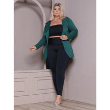Blazer plus size verde militar feminino casual com manga longa.
