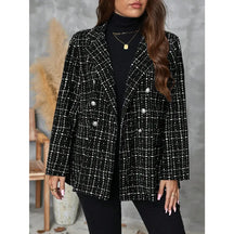 Blazer Tweed Xadrez Plus Size Feminino Preto e Branco de Inverno