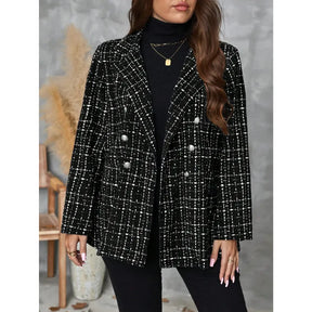 Blazer Tweed Xadrez Plus Size Feminino Preto e Branco de Inverno
