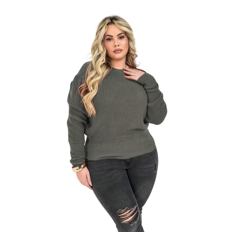 Blusa suéter tricô plus size ferrugem com manga bufante princesa e gola redonda.