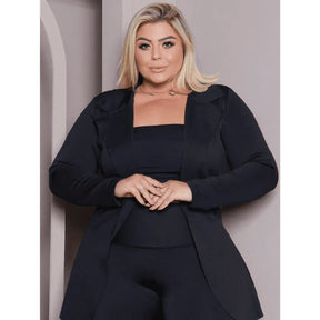 Blazer plus size verde militar feminino casual com manga longa.