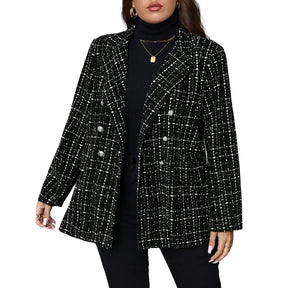Blazer Tweed Xadrez Plus Size Feminino Preto e Branco de Inverno