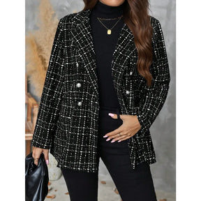 Blazer Tweed Xadrez Plus Size Feminino Preto e Branco de Inverno